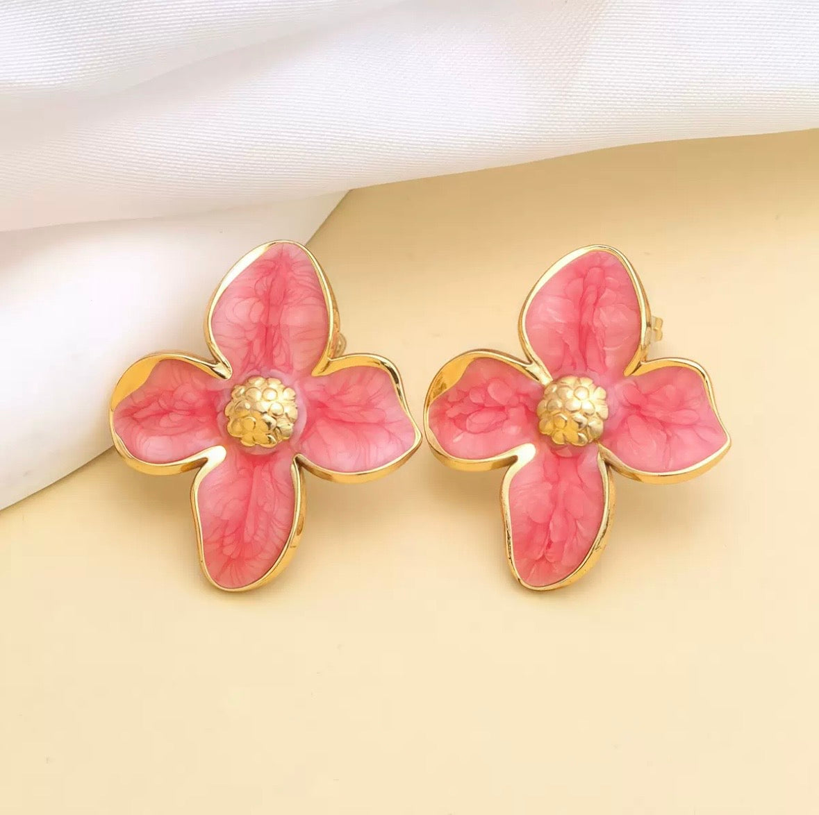 Pink Flower Stud Earrings with Gold Trim