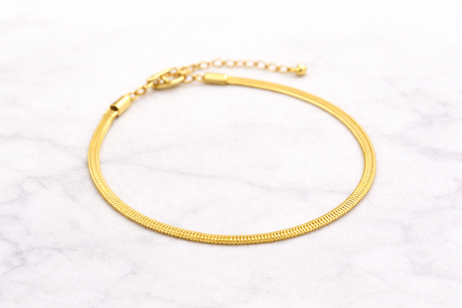 Gold snake chain bracelet side view - dorie jewelry