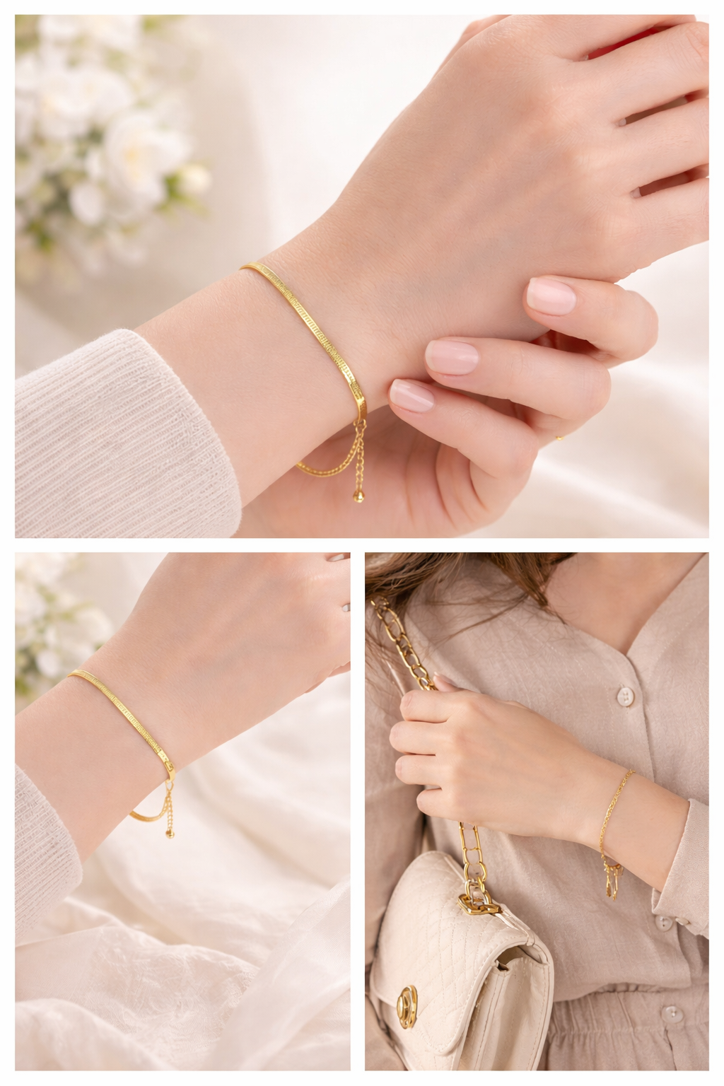 Gold herringbone bracelet close up - dorie jewelry