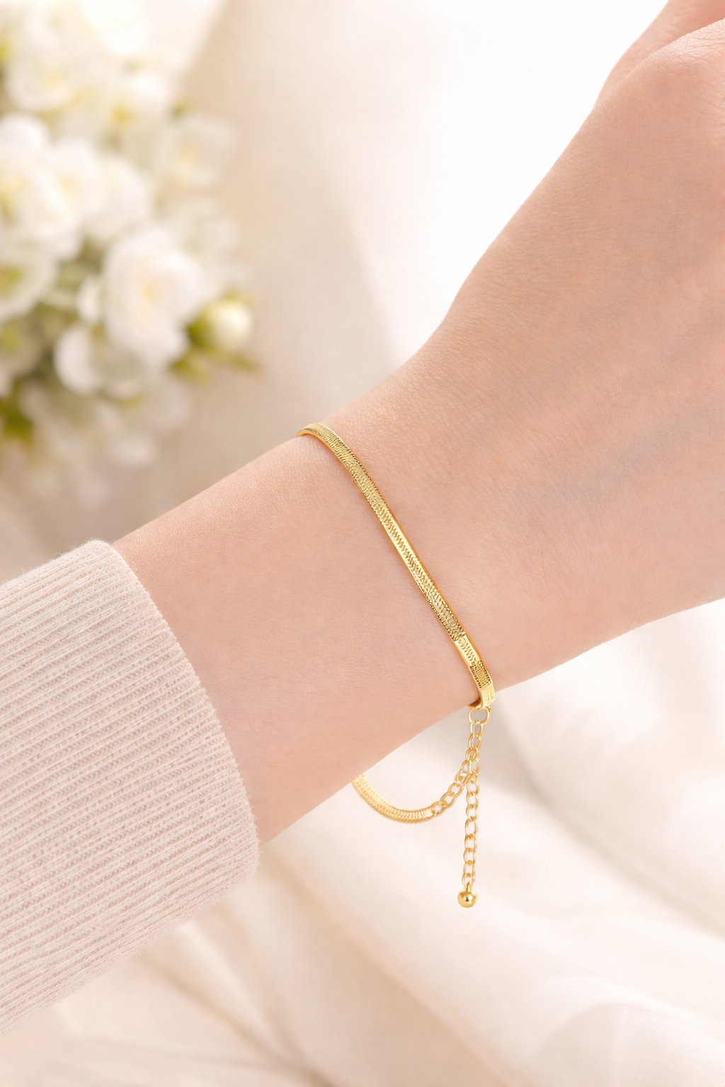 Gold herringbone chain bracelet stainless steel - dorie jewelry