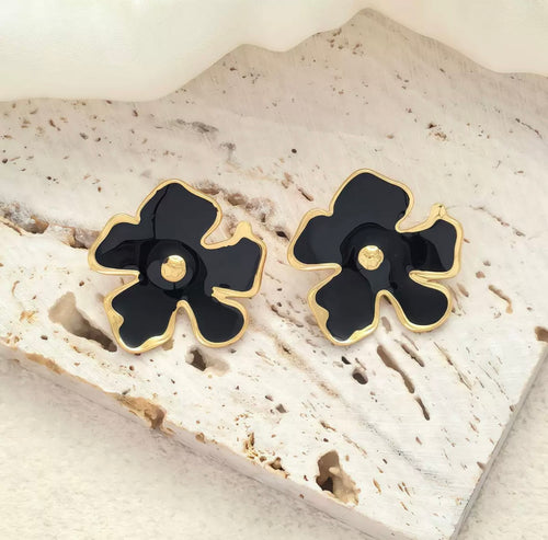 Black Flower Stud Earrings with Gold Trim