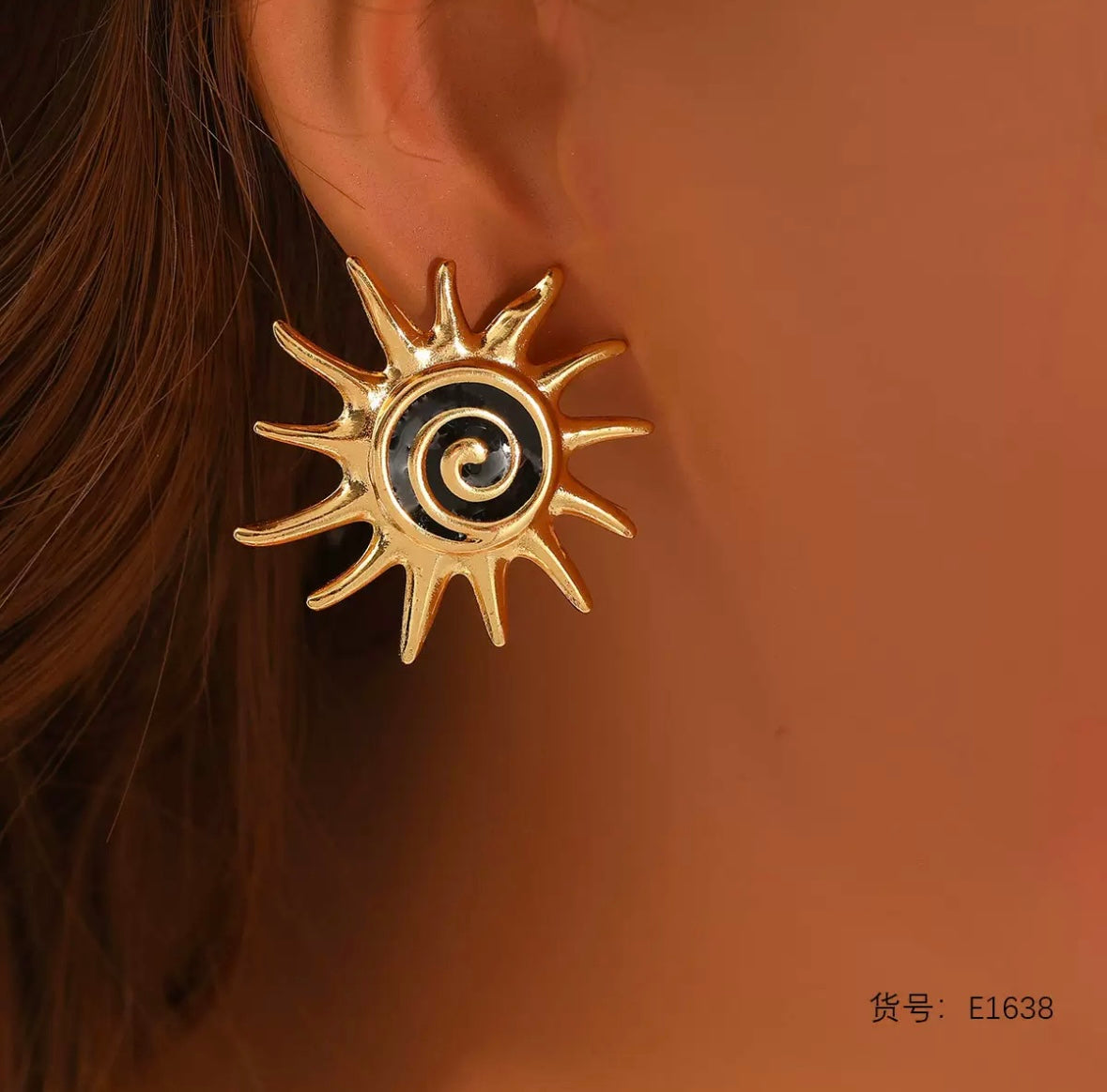 Gold Spiral Sun Statement Stud Earrings