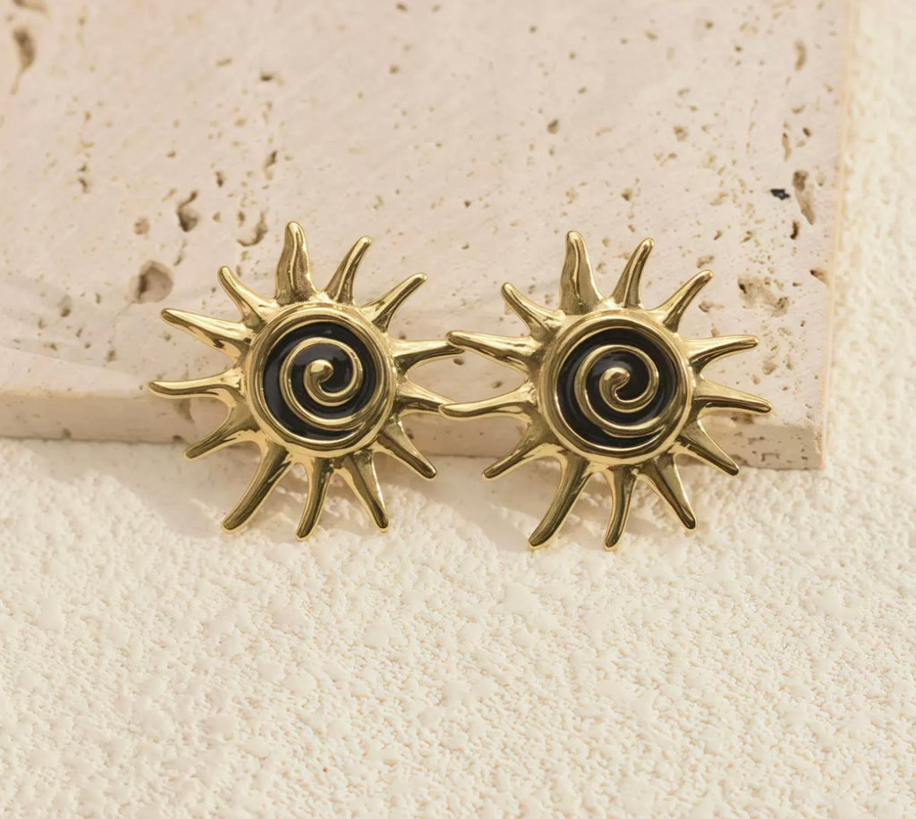 Gold Spiral Sun Statement Stud Earrings