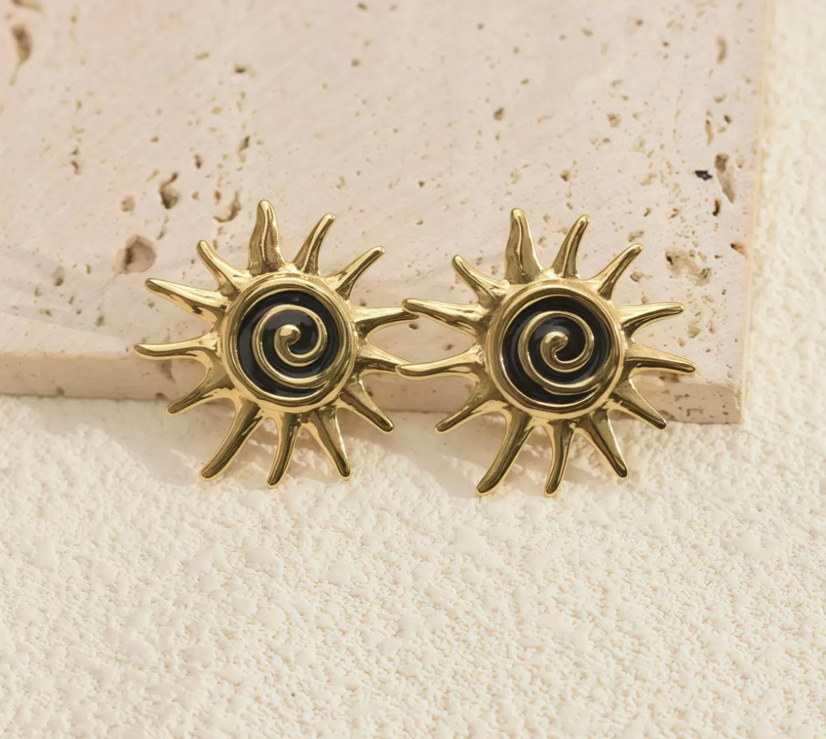 Gold Spiral Sun Statement Stud Earrings