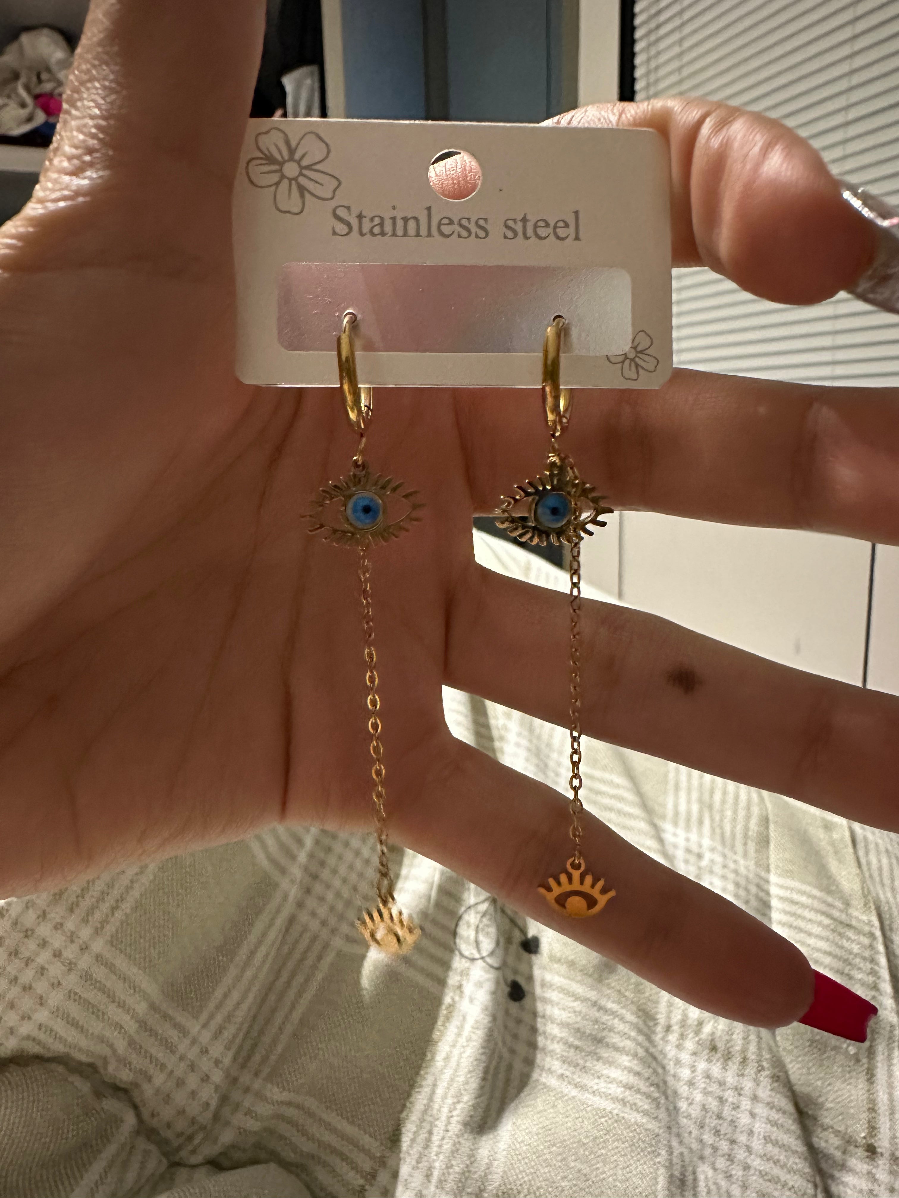 Gold evil eye chain drop earrings blue white enamel - dorie jewelry