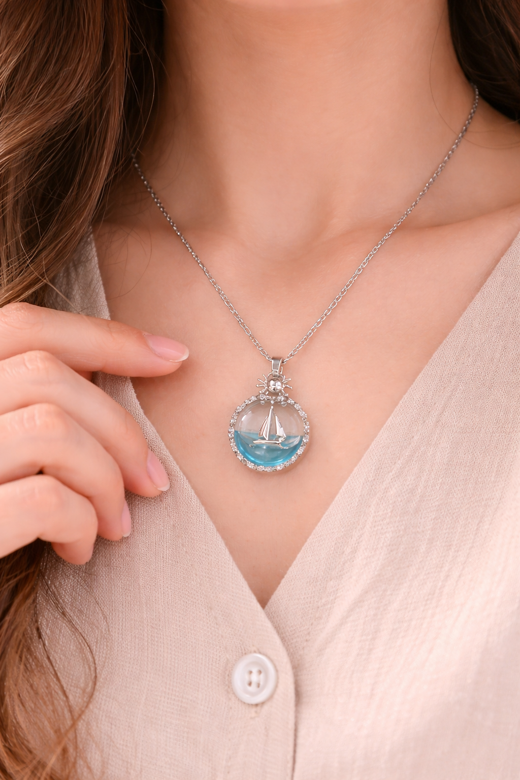 Sailboat crystal pendant necklace in silver tone - dorie jewelry